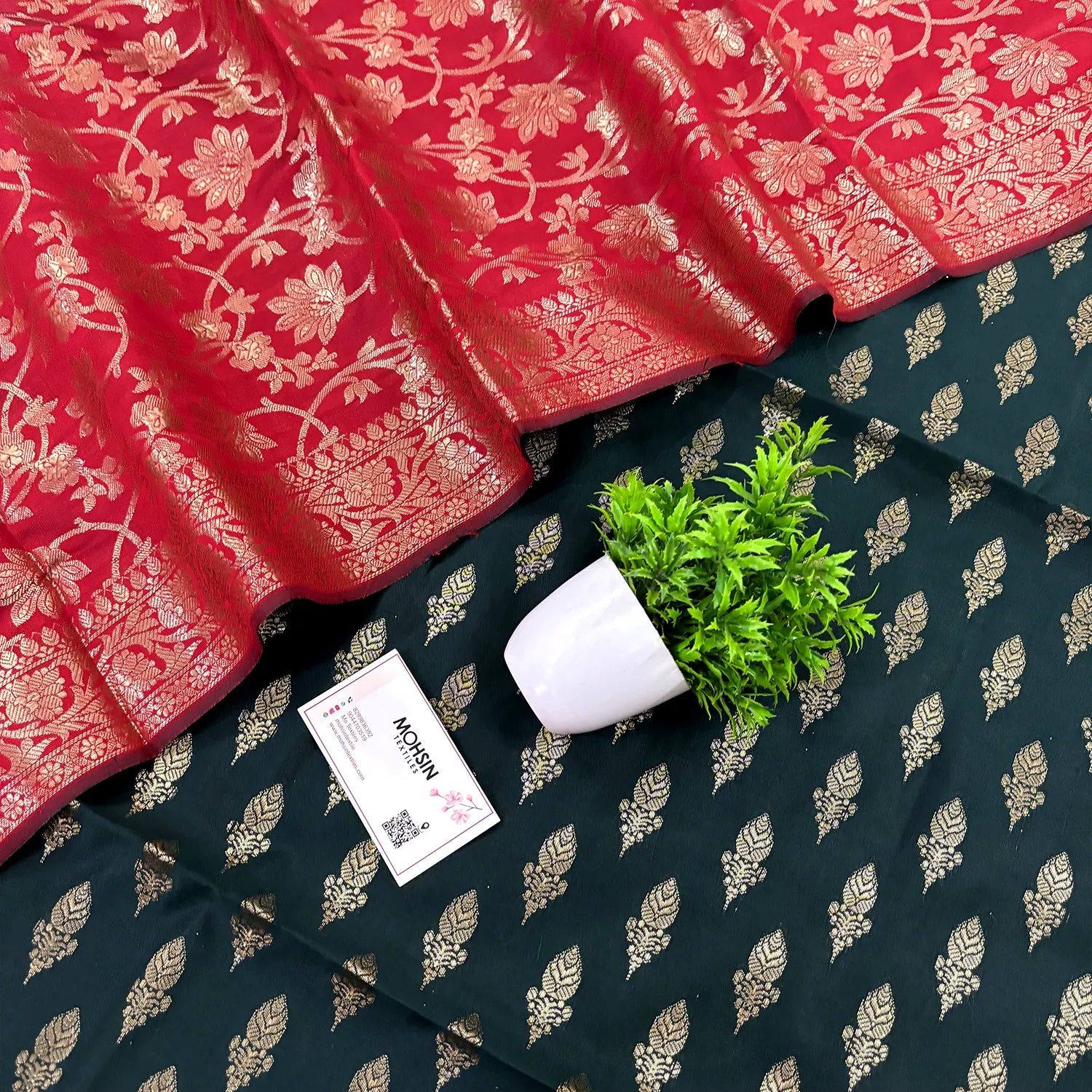 Black and Red Parvat Buti Satin Silk Banarasi Suit