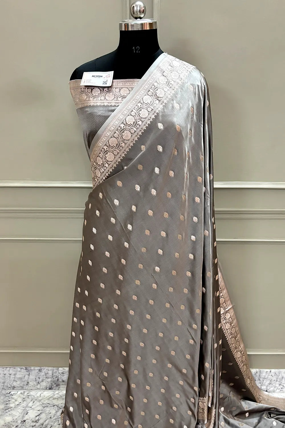 Charcoal Grey Flying Buti Katan Silk Banarasi Saree