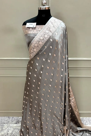 Charcoal Grey Flying Buti Katan Silk Banarasi Saree