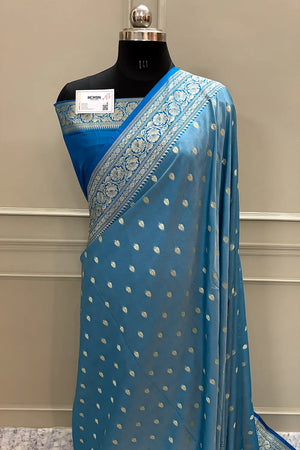 Firozi and Blue Rudraksha Buti Katan Silk Banarasi Saree