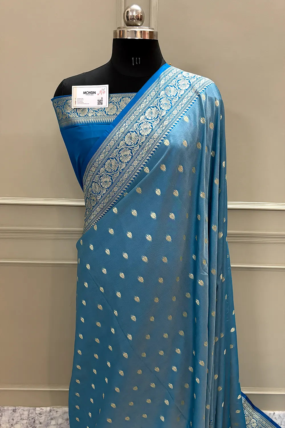 Firozi and Blue Rudraksha Buti Katan Silk Banarasi Saree