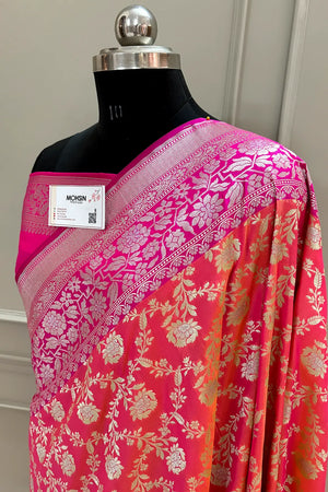 Peach and Pink Maharani Jaal Crepe Silk Banarasi Saree