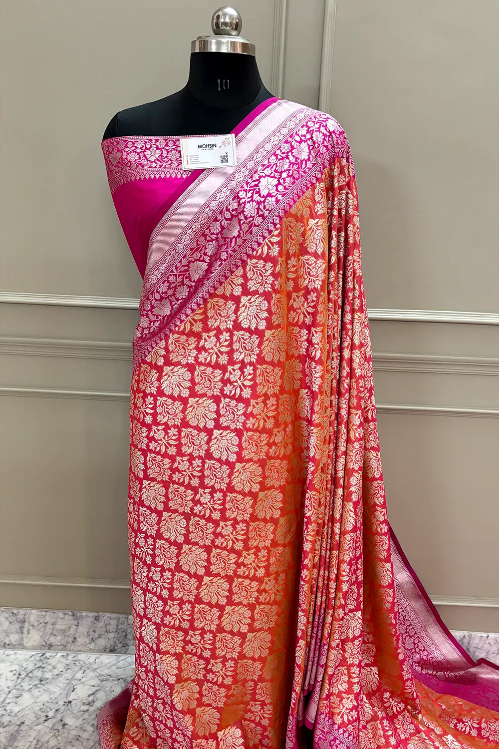 Peach and Pink Temple Buta Katan Silk Banarasi Saree