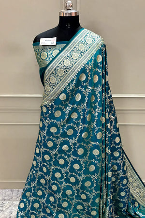 Teal Pankhuri Jaal Katan Silk Banarasi Saree