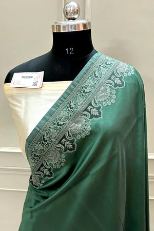 Bottle Green and Beige Plain Resham Silk Banarasi Saree