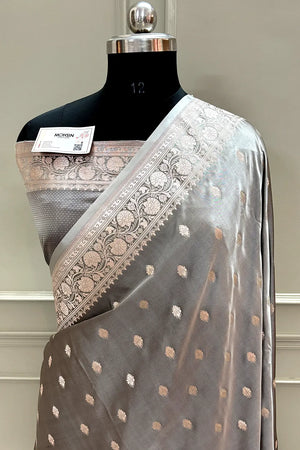 Charcoal Grey Flying Buti Katan Silk Banarasi Saree