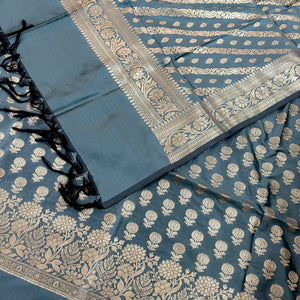 Grey Sunflower Satin Silk Banarasi Suit