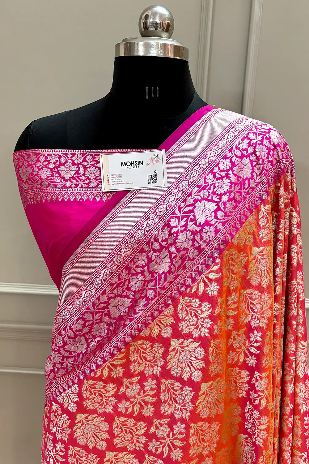 Peach and Pink Temple Buta Katan Silk Banarasi Saree