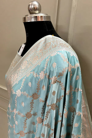 Firozi Qaidi Buti Katan Silk Banarasi Saree