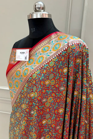 Red and Orange Jungli Jaal Katan Silk Banarasi Saree