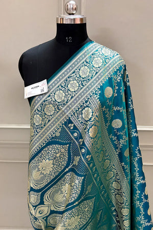 Teal Pankhuri Jaal Katan Silk Banarasi Saree
