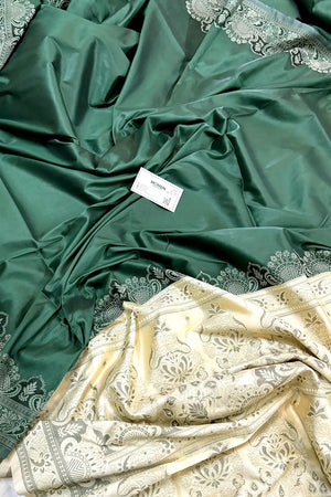 Bottle Green and Beige Plain Resham Silk Banarasi Saree