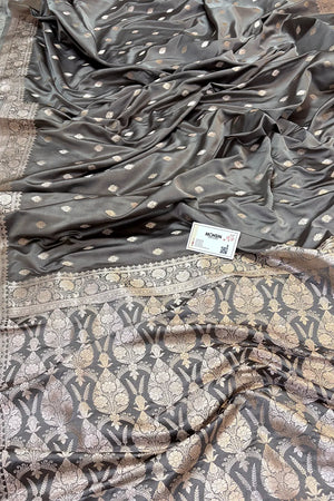 Charcoal Grey Flying Buti Katan Silk Banarasi Saree
