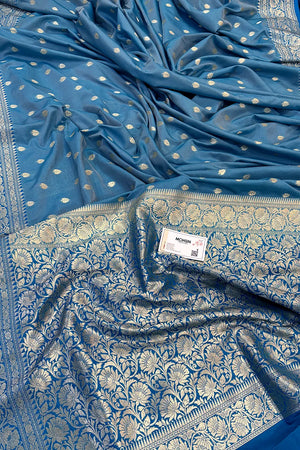 Firozi and Blue Rudraksha Buti Katan Silk Banarasi Saree