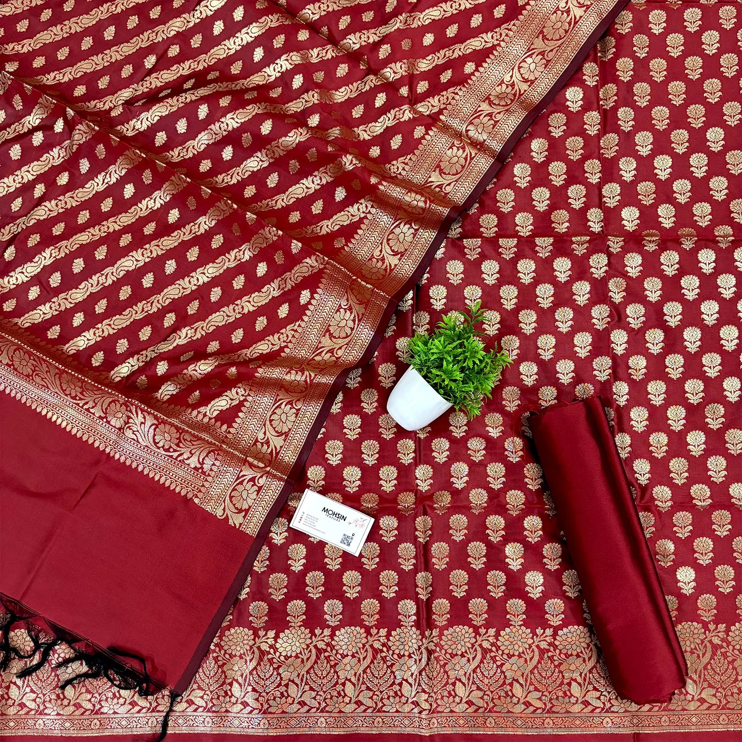 Maroon Sunflower Satin Silk Banarasi Suit