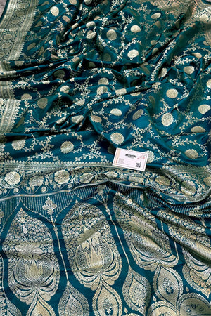 Teal Pankhuri Jaal Katan Silk Banarasi Saree