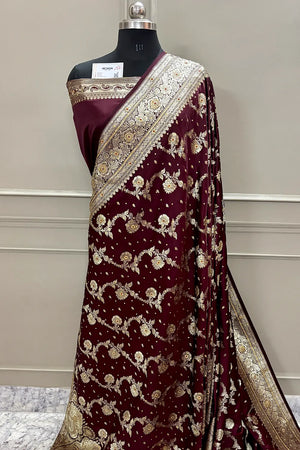 Wine Tirchi Daal Stone Work Katan Silk Banarasi Saree