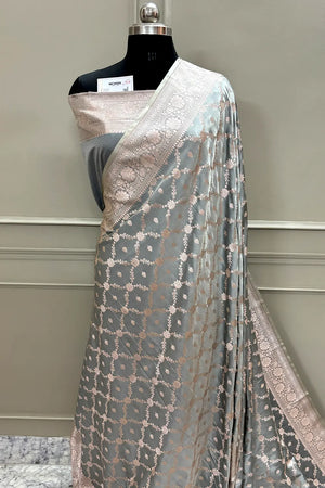 Grey Qaidi Buti Katan Silk Banarasi Saree