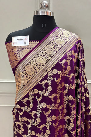 Purple Wine Moglai Jaal Katan Silk Banarasi Saree