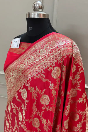 Strawberry Shahanshahi Jaal Katan Silk Banarasi Saree