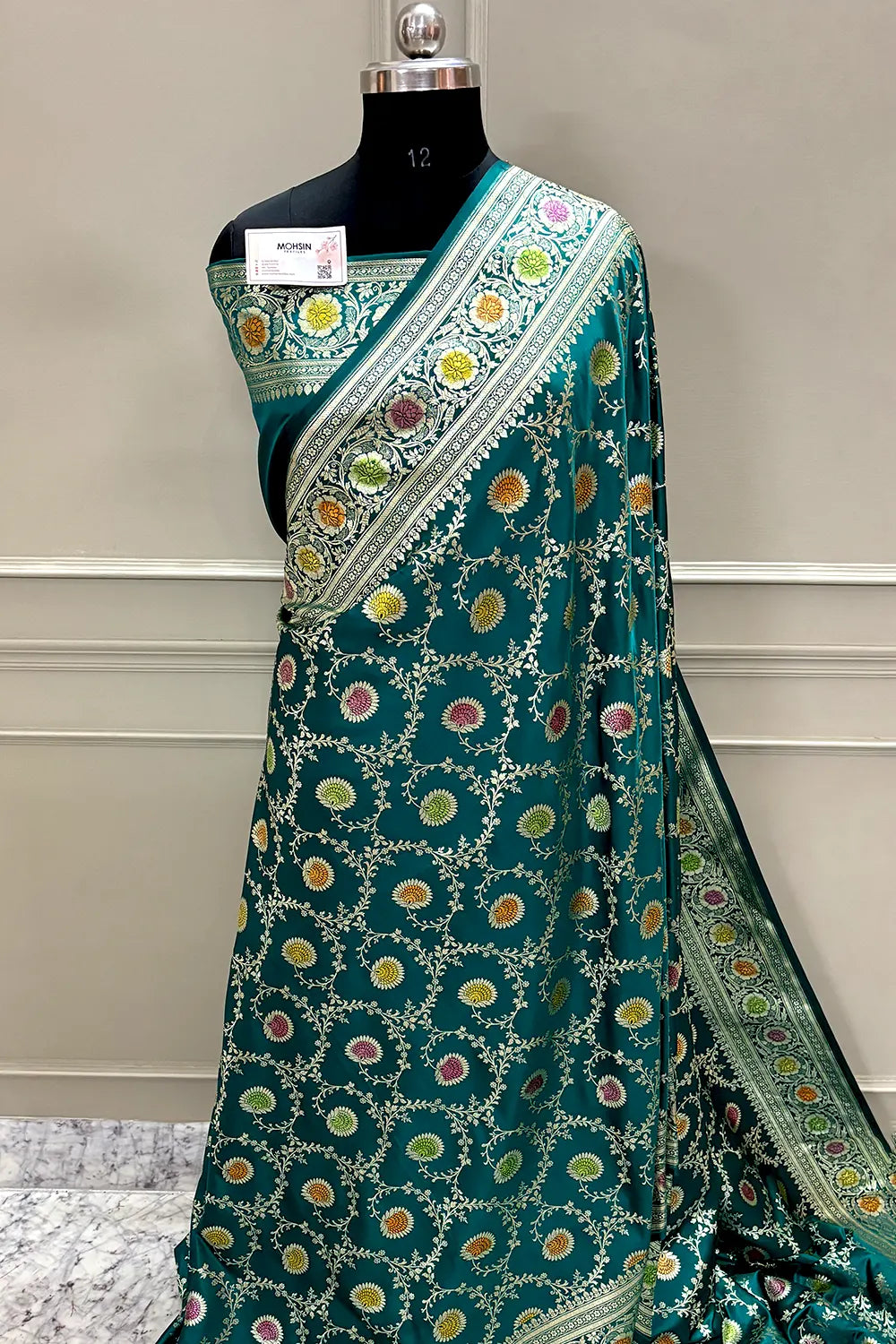 Teal Pankhuri Jaal Hand Brush Katan Silk Banarasi Saree