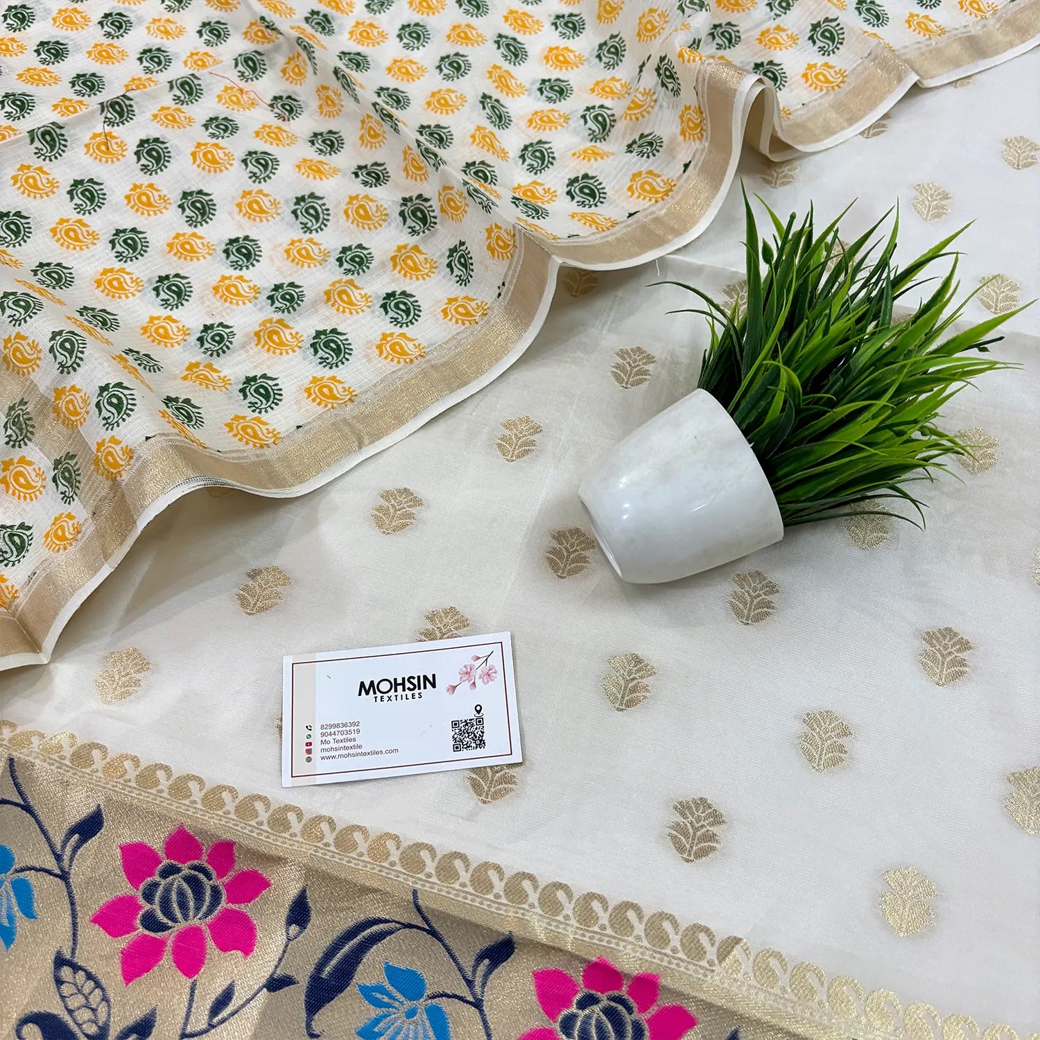 White Gulbagh Cotton Silk Banarasi Suit With Printed Dupatta