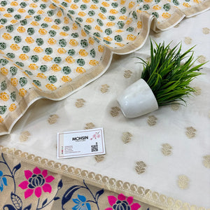 White Gulbagh Cotton Silk Banarasi Suit With Printed Dupatta