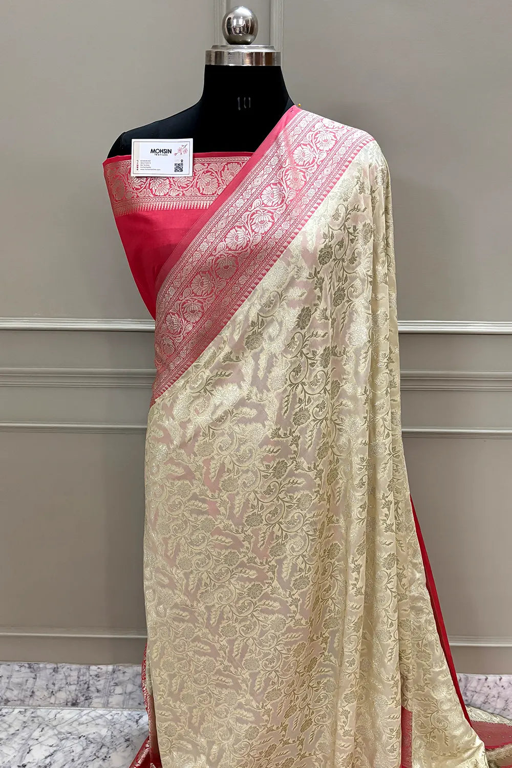 White and Peach Gulabi Jaal Katan Silk Banarasi Saree