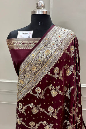 Wine Tirchi Daal Stone Work Katan Silk Banarasi Saree