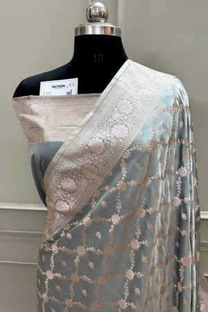Grey Qaidi Buti Katan Silk Banarasi Saree