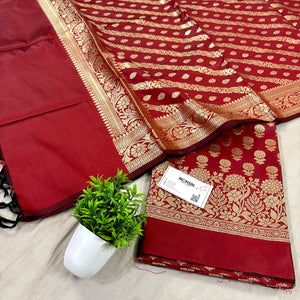 Maroon Sunflower Satin Silk Banarasi Suit