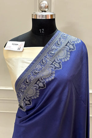 Navy Blue and Beige Plain Resham Silk Banarasi Saree
