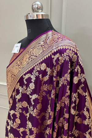 Purple Wine Moglai Jaal Katan Silk Banarasi Saree