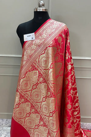 Strawberry Shahanshahi Jaal Katan Silk Banarasi Saree