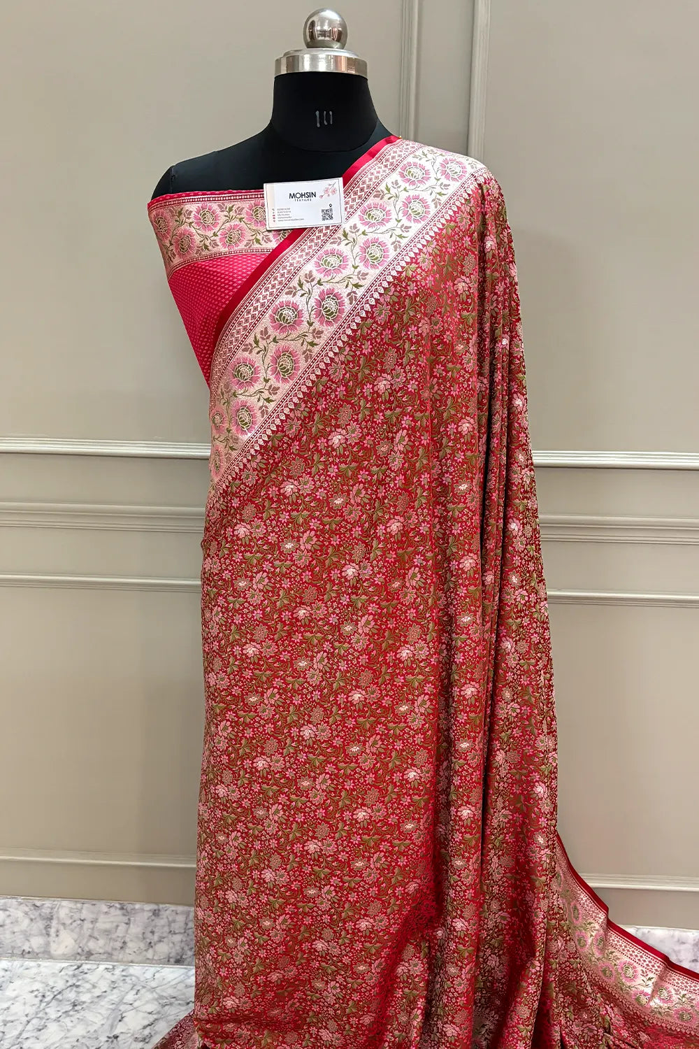Strawberry and Pink Jungli Jaal Katan Silk Banarasi Saree