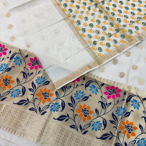 White Gulbagh Cotton Silk Banarasi Suit With Printed Dupatta