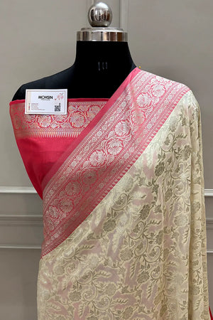 White and Peach Gulabi Jaal Katan Silk Banarasi Saree