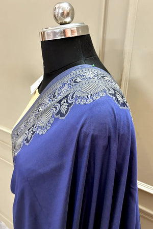 Navy Blue and Beige Plain Resham Silk Banarasi Saree
