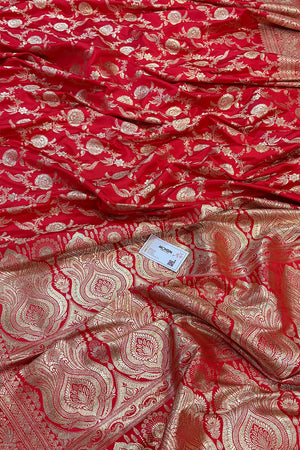 Strawberry Shahanshahi Jaal Katan Silk Banarasi Saree