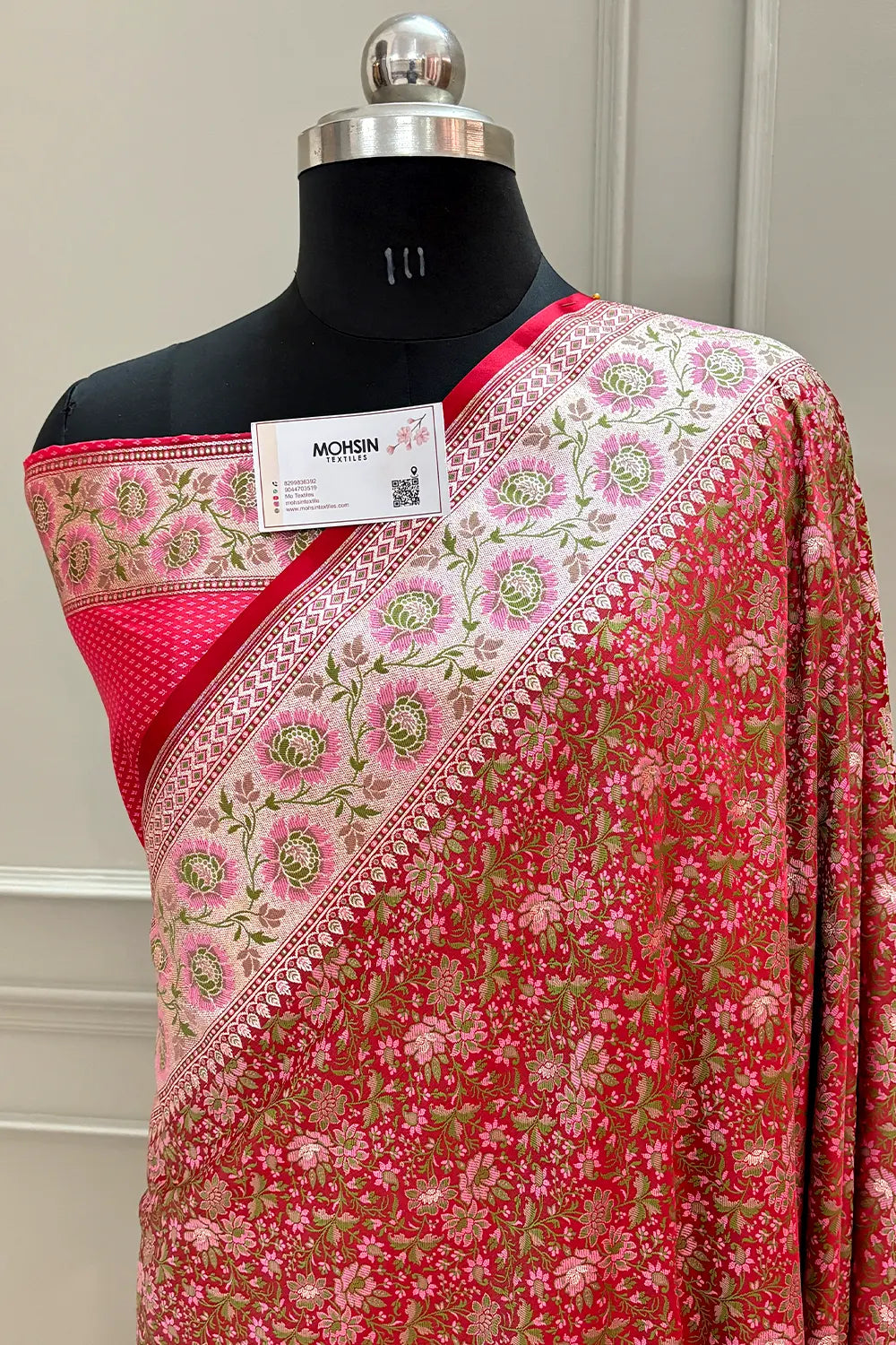 Strawberry and Pink Jungli Jaal Katan Silk Banarasi Saree