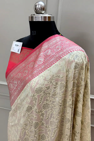 White and Peach Gulabi Jaal Katan Silk Banarasi Saree