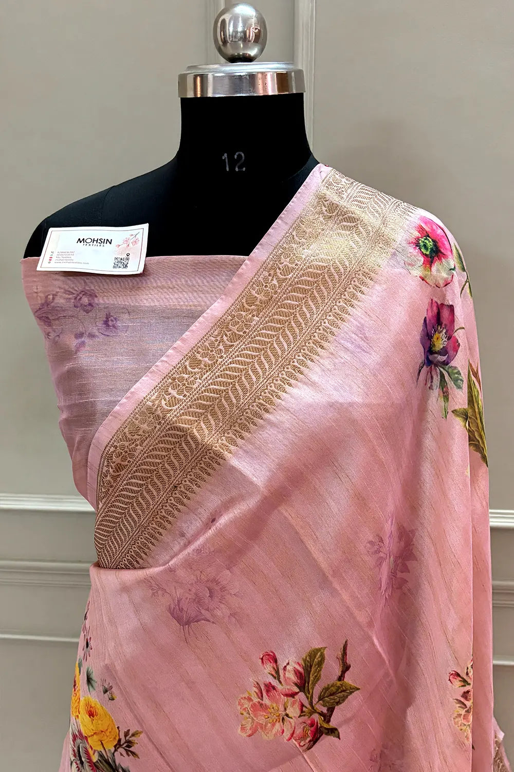 Baby Pink Printed Tussar Silk Saree