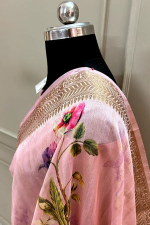 Baby Pink Printed Tussar Silk Saree