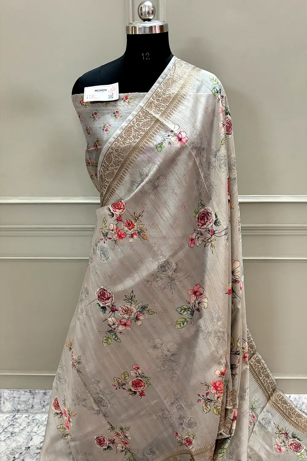 Beige Printed Tussar Silk Saree