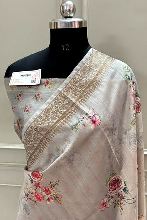 Beige Printed Tussar Silk Saree