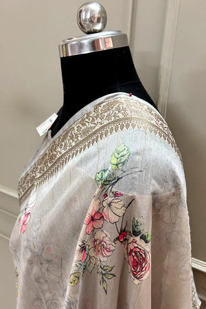 Beige Printed Tussar Silk Saree