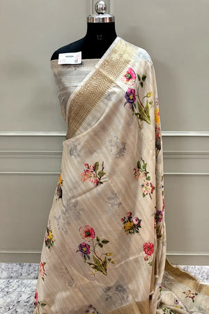 Beige Printed Tussar Silk Banarasi Saree