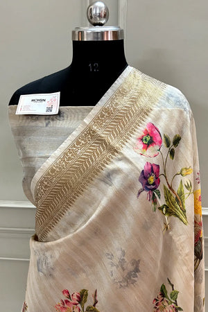 Beige Printed Tussar Silk Banarasi Saree
