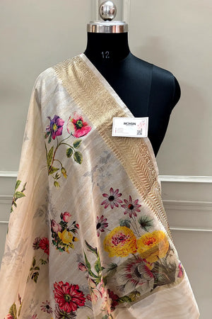 Beige Printed Tussar Silk Banarasi Saree