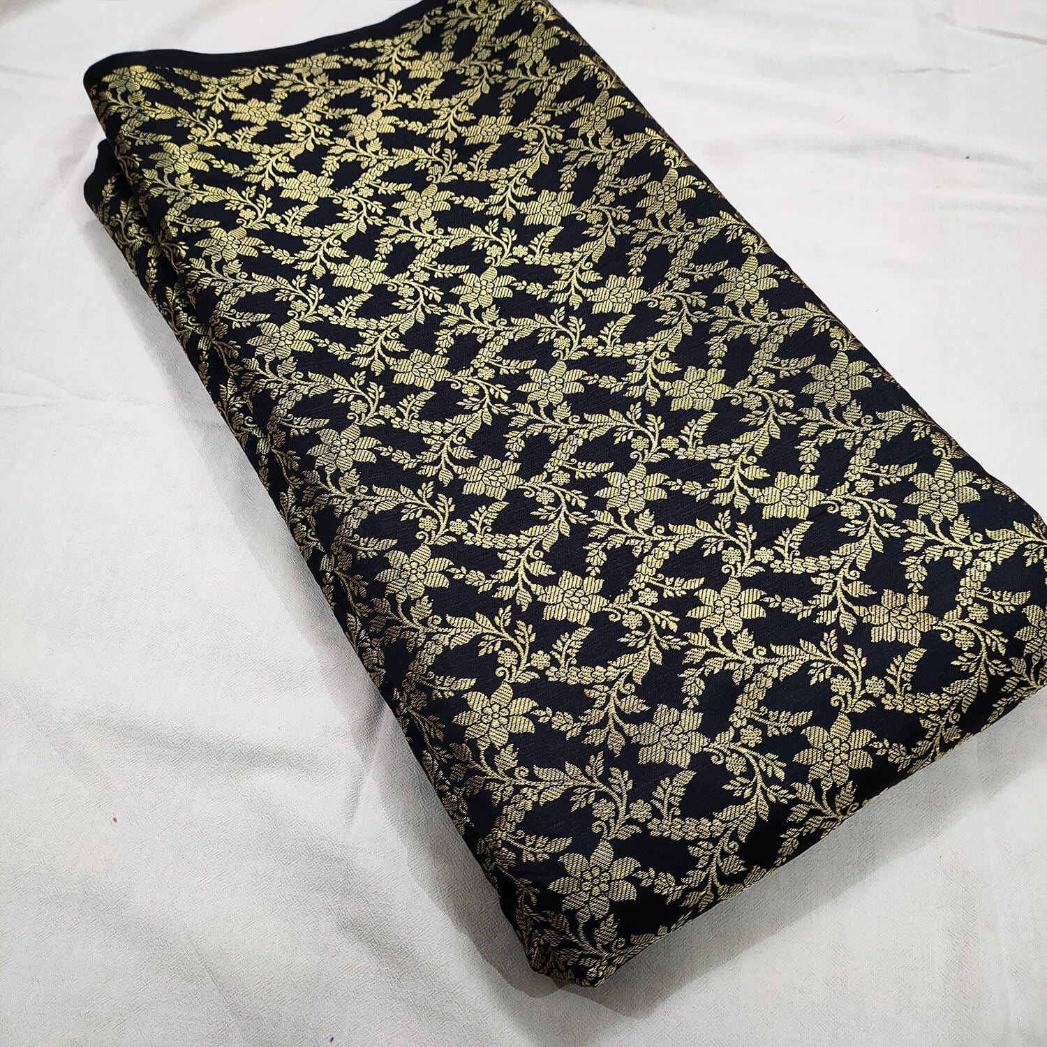 Black Floral Zari Work Satin Silk Fabric